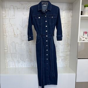New York & Company Navy Denim Midi Shirt Dress with Waist Tie